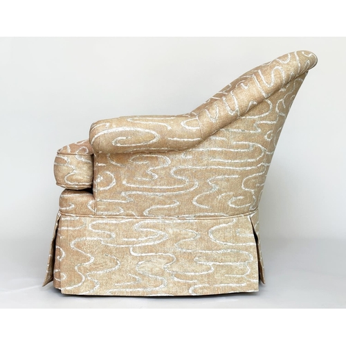 94 - ARMCHAIRS BY LEE JOFA, a pair, tub form with rounded back and scroll arms, in printed linen union. 8... 