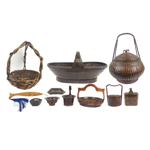 5 - CHINESE WOVEN BAMBOO AND RATTAN BASKETS, along with various wooden vessels. (10)