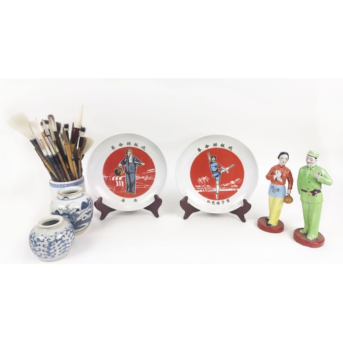 6A - CHINESE CERAMICS, to include two 1960s Communist Propaganda plates and figures, three blue and white... 