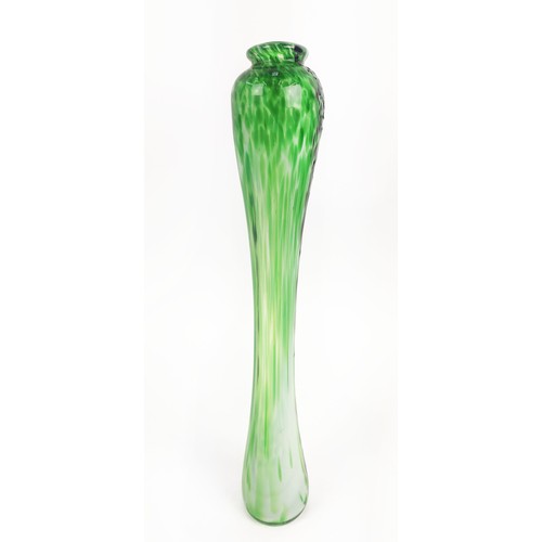 9 - A LARGE MURANO STYLE GREEN GLASS VASE, of slender waisted form, with black streaky decoration, proba... 