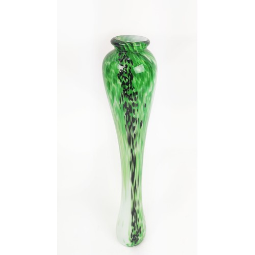 9 - A LARGE MURANO STYLE GREEN GLASS VASE, of slender waisted form, with black streaky decoration, proba... 