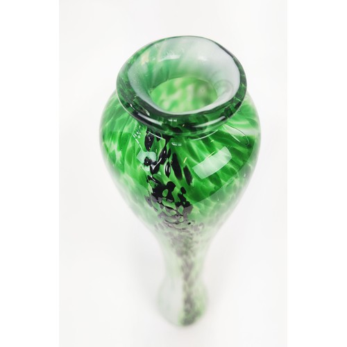 9 - A LARGE MURANO STYLE GREEN GLASS VASE, of slender waisted form, with black streaky decoration, proba... 