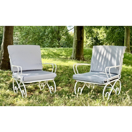 119 - GARDEN TERRACE ARMCHAIRS, a pair, vintage white metal scroll framed with cushions, 42cm W. (2)