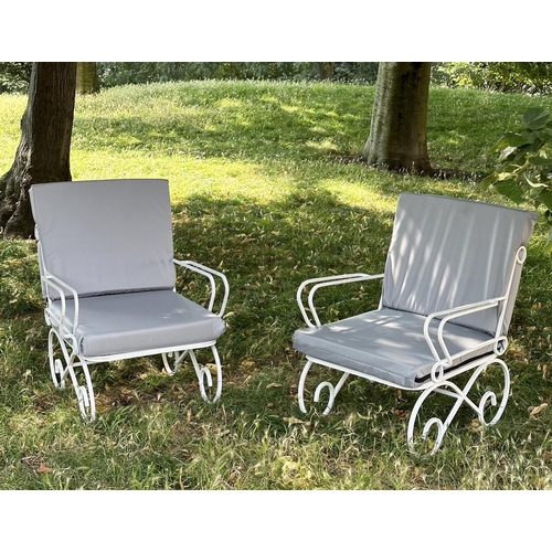 119 - GARDEN TERRACE ARMCHAIRS, a pair, vintage white metal scroll framed with cushions, 42cm W. (2)