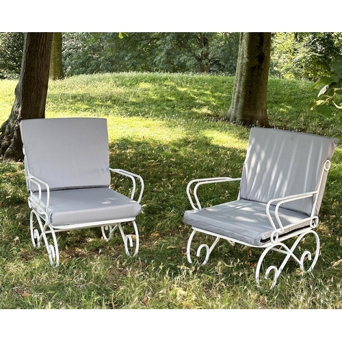 119 - GARDEN TERRACE ARMCHAIRS, a pair, vintage white metal scroll framed with cushions, 42cm W. (2)