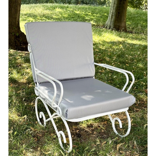 119 - GARDEN TERRACE ARMCHAIRS, a pair, vintage white metal scroll framed with cushions, 42cm W. (2)