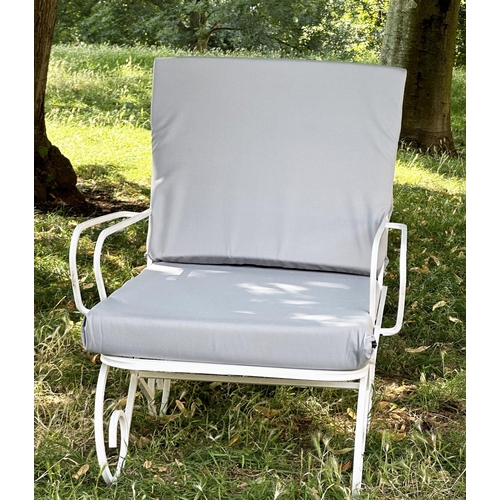 119 - GARDEN TERRACE ARMCHAIRS, a pair, vintage white metal scroll framed with cushions, 42cm W. (2)