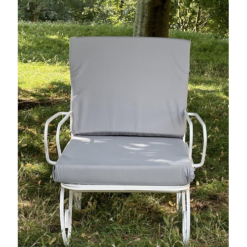 119 - GARDEN TERRACE ARMCHAIRS, a pair, vintage white metal scroll framed with cushions, 42cm W. (2)