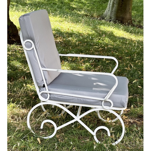 119 - GARDEN TERRACE ARMCHAIRS, a pair, vintage white metal scroll framed with cushions, 42cm W. (2)