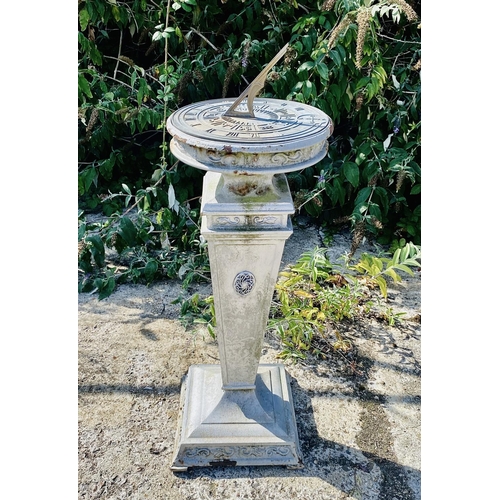 180 - SUNDIAL, early 20th century cast iron with bronze dial, 95cm H x 35cm W x 35cm D.