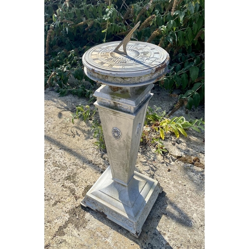 180 - SUNDIAL, early 20th century cast iron with bronze dial, 95cm H x 35cm W x 35cm D.