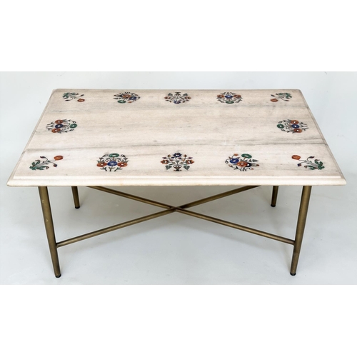 86 - LOW TABLE, vintage Indian marble micromosaic marble bouquet inset, rectangular on gilt metal support... 