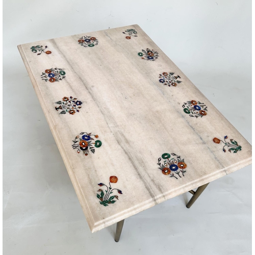 86 - LOW TABLE, vintage Indian marble micromosaic marble bouquet inset, rectangular on gilt metal support... 