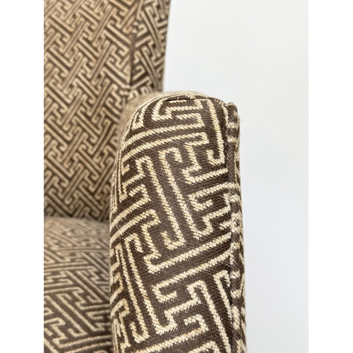 87 - ARMCHAIR, by Kravet US Tarragon, tub chair with Greek key patterned upholstery and square tapering s... 