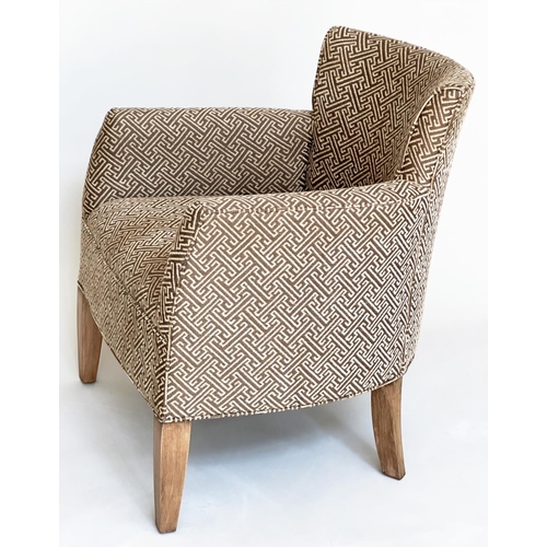 87 - ARMCHAIR, by Kravet US Tarragon, tub chair with Greek key patterned upholstery and square tapering s... 