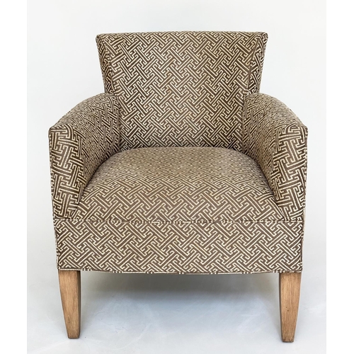 87 - ARMCHAIR, by Kravet US Tarragon, tub chair with Greek key patterned upholstery and square tapering s... 