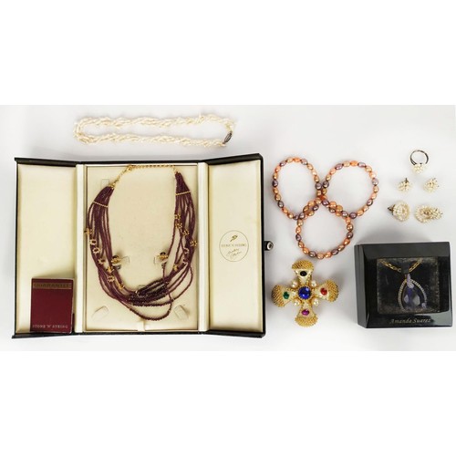 10 - A COLLECTION OF ASSORTED ITEMS, including garnet multistrand necklace and earrings set, a gilt metal... 