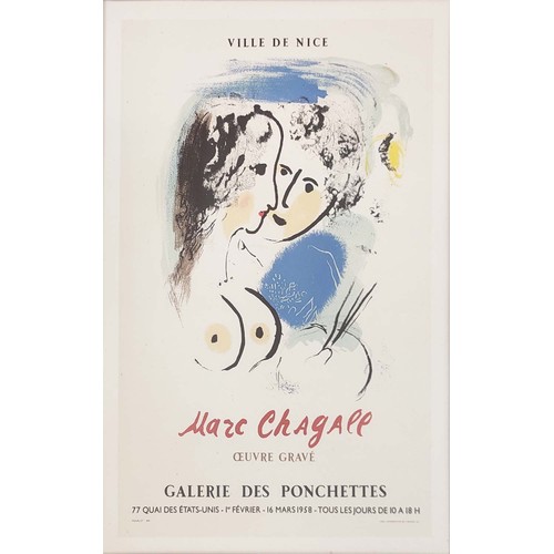 25 - MARC CHAGALL, 'Galerie De Ponchettes, 1958', exhibition poster, 26cm x 18cm, framed.