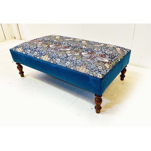 78 - FOOTSTOOL, with William Morris style upholstery on turned supports, 35cm H x 108cm W x 59cm D.