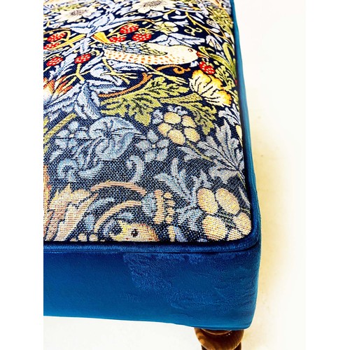 78 - FOOTSTOOL, with William Morris style upholstery on turned supports, 35cm H x 108cm W x 59cm D.