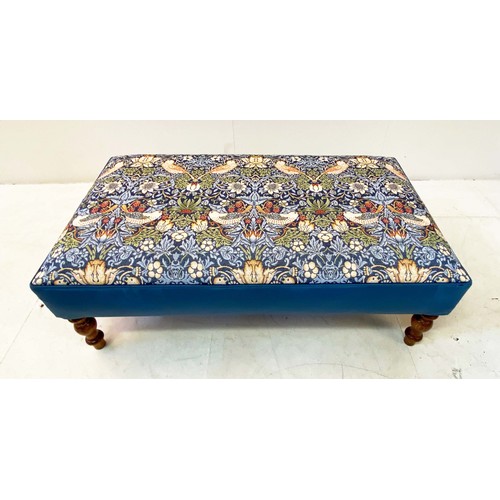 78 - FOOTSTOOL, with William Morris style upholstery on turned supports, 35cm H x 108cm W x 59cm D.