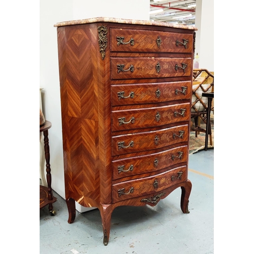 121 - SEMAINIER, late 19th/early 20th century French, tulipwood of serpentine form, marble top, fitted wit... 