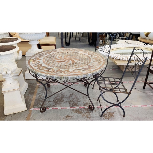 163 - GARDEN TABLE, circular stone mosaic on iron supports, 74cm H x 126cm D and a pair of folding metal c... 