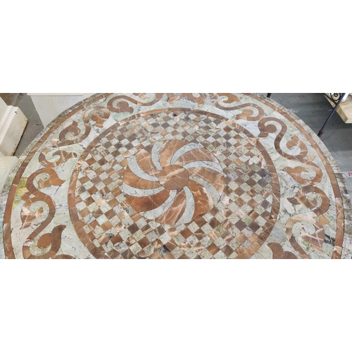 163 - GARDEN TABLE, circular stone mosaic on iron supports, 74cm H x 126cm D and a pair of folding metal c... 