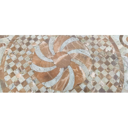 163 - GARDEN TABLE, circular stone mosaic on iron supports, 74cm H x 126cm D and a pair of folding metal c... 