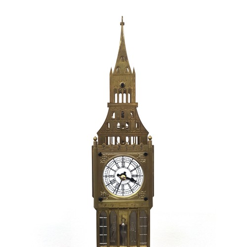 402 - ELIZABETH TOWER SKELETON CLOCK, gilt metal and glass cased, 70cm H x 21cm W x 16cm D.