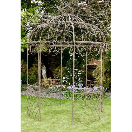 408 - ARCHITECTURAL GARDEN PERGOLA, Regency style metal scrollwork, 300cm H x 225cm W x 225cm