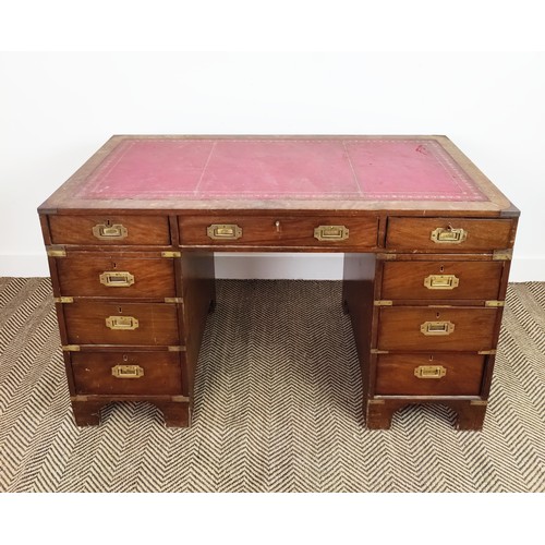 79 - CAMPAIGN STYLE PEDESTAL DESK, three frieze drawers above six drawers with tooled red leather top, 73... 