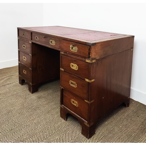 79 - CAMPAIGN STYLE PEDESTAL DESK, three frieze drawers above six drawers with tooled red leather top, 73... 