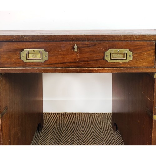 79 - CAMPAIGN STYLE PEDESTAL DESK, three frieze drawers above six drawers with tooled red leather top, 73... 