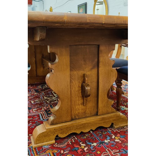 362 - REFECTORY TABLE, 17th century style oak with trestle end supports, 78cm H x 196cm L x 84cm W.