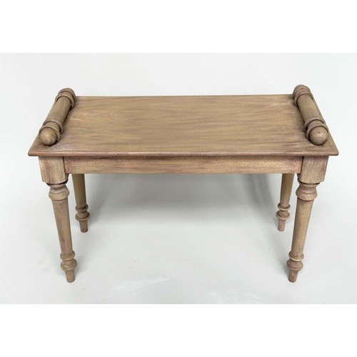 183 - HALL BENCH, 19th century style vintage rectangular bleached mahogany with 'bolster' handles, 76cm W ... 