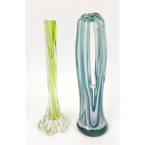 12 - TWO MURANO STYLE GLASS VASES, probably late 20th century, comprising a lime green slender single bud... 