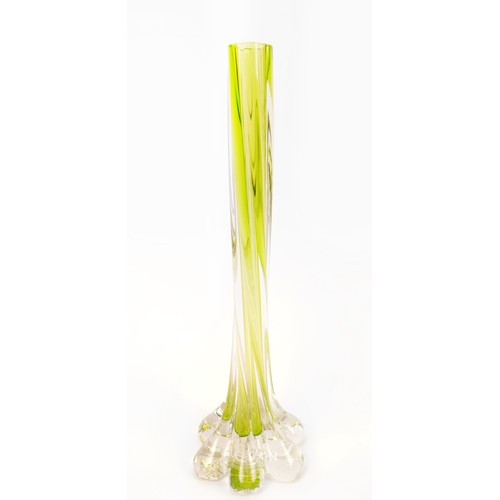 12 - TWO MURANO STYLE GLASS VASES, probably late 20th century, comprising a lime green slender single bud... 