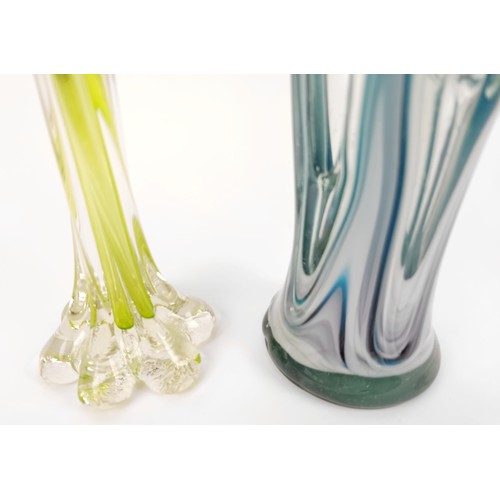 12 - TWO MURANO STYLE GLASS VASES, probably late 20th century, comprising a lime green slender single bud... 