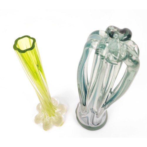 12 - TWO MURANO STYLE GLASS VASES, probably late 20th century, comprising a lime green slender single bud... 