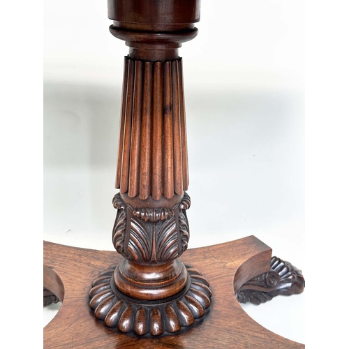 507 - CARD TABLE, William IV rosewood, rounded rectangular baize-lined with carved frieze, reeded column a... 