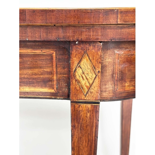 509 - CARD TABLE, George III flame mahogany and satinwood crossbanded and inlaid of D form, foldover baize... 