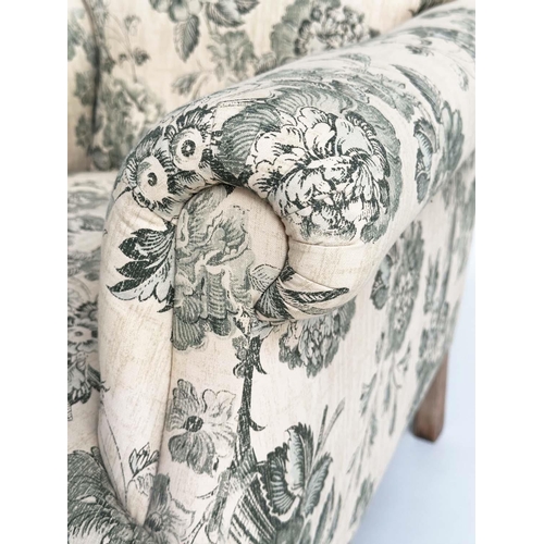 510 - ARMCHAIR, English early 20th century with scrolled back and arms in green toile fabric, 62cm W.