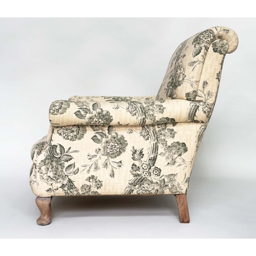 510 - ARMCHAIR, English early 20th century with scrolled back and arms in green toile fabric, 62cm W.