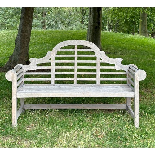 114 - 'LUTYENS' STYLE GARDEN BENCH, weathered teak slatted and dowelled construction after the design by S... 