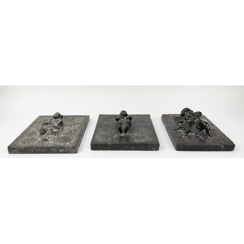 29A - CHINESE CARVED STONE RELIEFS, a set of three, largest 30cm x 23cm. (3)