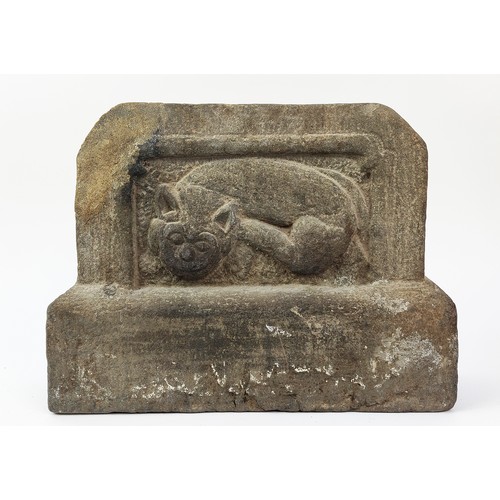 31A - A GREY STONE CARVED RELIEF OF A MYTHICAL BEAST, Ming Dynasty style, together with a pair of carved s... 