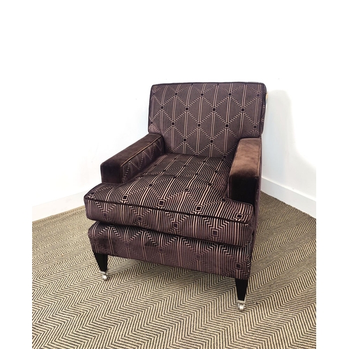 372 - WILLIAM YEOWARD ARMCHAIR, with striped geometric design brown velvet upholstery, 87cm H x 77cm W x 1... 