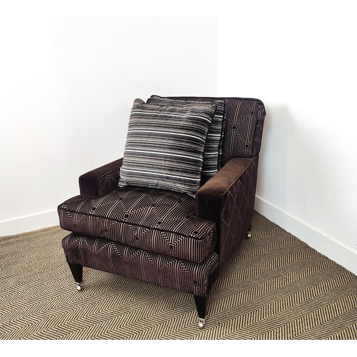 372 - WILLIAM YEOWARD ARMCHAIR, with striped geometric design brown velvet upholstery, 87cm H x 77cm W x 1... 