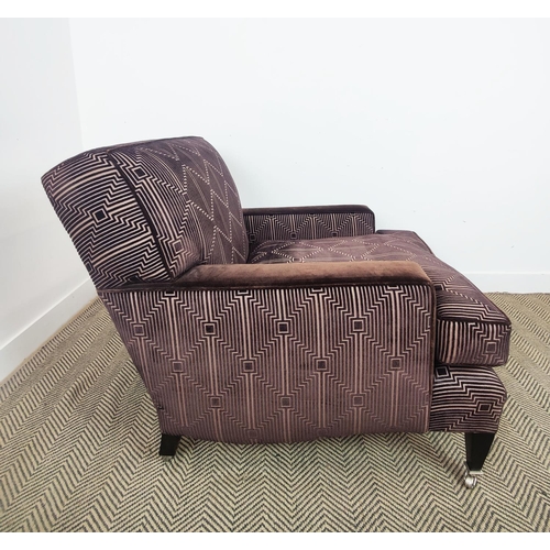 372 - WILLIAM YEOWARD ARMCHAIR, with striped geometric design brown velvet upholstery, 87cm H x 77cm W x 1... 